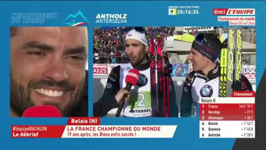 Les mots forts de Martin Fourcade après le sacre de la France sur le relais hommes.