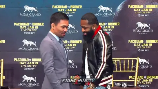 MANNY PACQUIAO  ADRIEN BRONER ALL LAUGHS DURING FUNNY FIRST FACE OFF IN NEW YORK