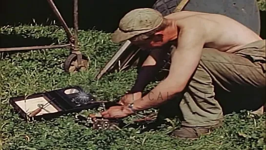 Crew chief checks the engine of a P-47 aircraft of the United States Army Air For...HD Stock Footage