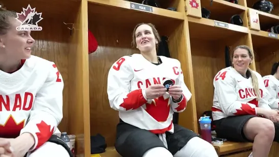 Go inside the dressing room as Marie-Philip Poulin is honoured for 💯 Team Canada goals👏 #WomensWorlds (07/04/2023)