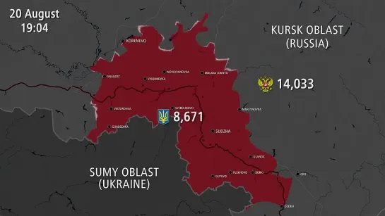 Появилась анимированная карта (по версии западных СМИ) украинской оккупации Курской области с 6 по 22 августа.