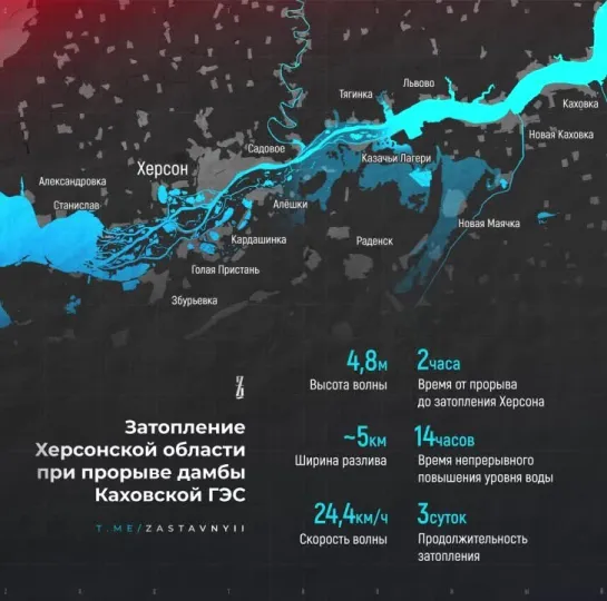 Карта затопления Херсонской области при прорыве Каховской ГЭС