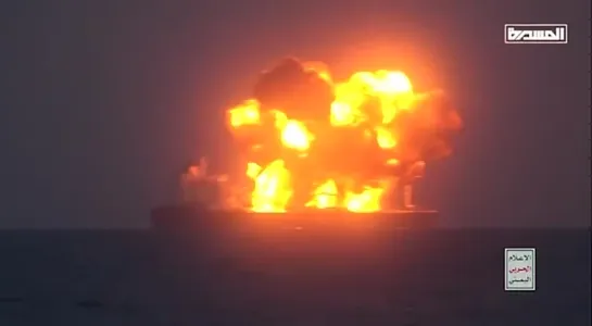 ️ ️ ️Yemen's Houthis showed footage of a Greek ship (SOUNION) on fire in the Red Sea after a Houthi attack